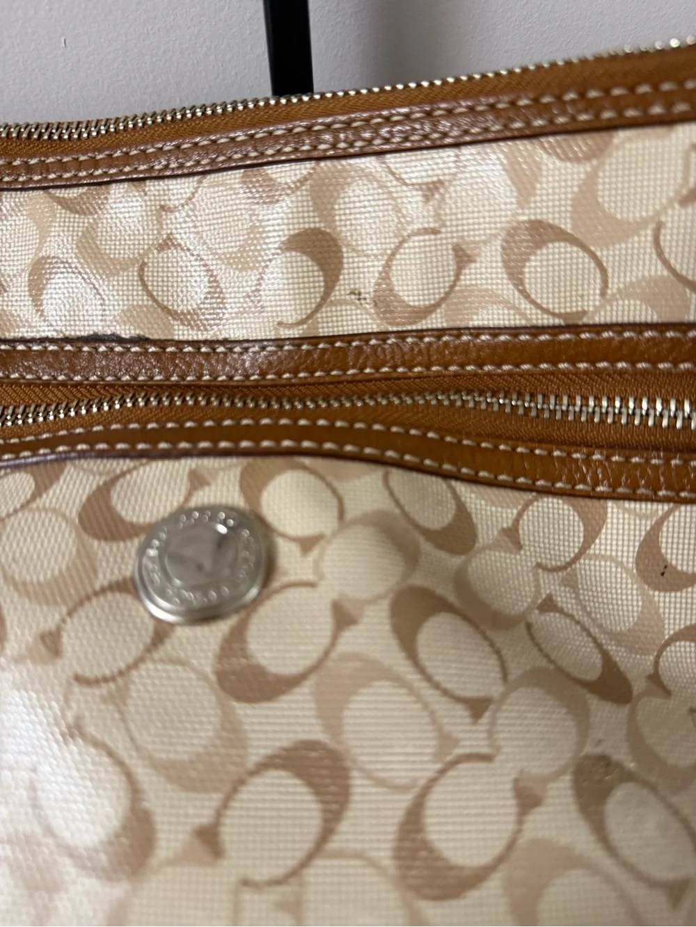 Coach Beige Signature Crossbody with Brown Leather Trim!
